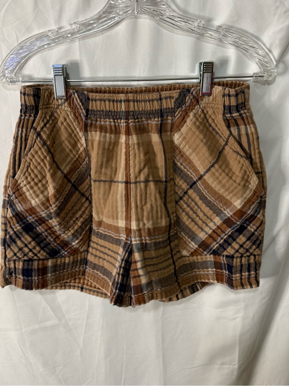 aerie Plaid Cotton Shorts - Tan & Brown